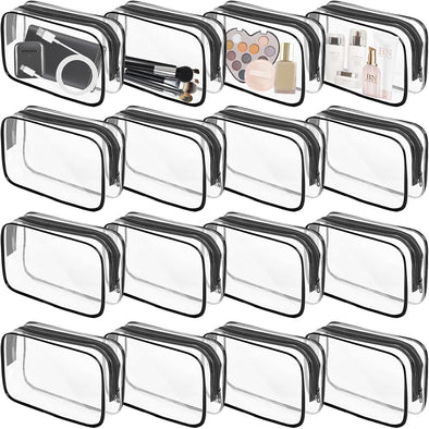 16 Pieces Clear Makeup Bags Bulk, TSA Approved Toiletry Bag for Travel, PVC Waterproof Travel Small Pouches Clear Pouch with Zipper for Men and Women Carry-On Travel Essentials Cosmetic Bags (Black)