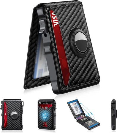 Airtag Wallet for Men, Mens Smart Wallet for Air Tag RFID Blocking, Minimalist Bifold Pop up Aluminum Credit Card Case Holder 12+ Cards with ID Window, Gift for Men, No Airtag Included, Carbon Fiber