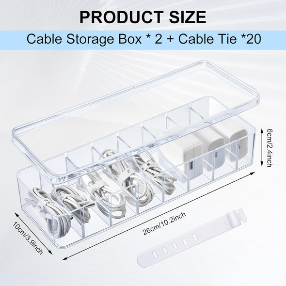 Tatuo 2 Pcs Cable Organizer with 20 Wire Ties,Clear Plastic Cord Charger Storage Box with Clear Lid for Home Office Desk Organization and Accessories