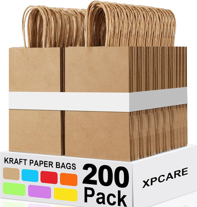 XPCARE 200Pcs Paper Gift Bags 5.25X3.25X8.25'',Gift Wrap Bags with Handles Brown Kraft Paper Bags for Small Business Paper Bags Bulk for Birthday Party Favors Shopping Retail