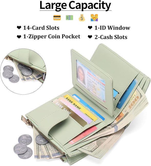 GAEKEAO Small Wallets for Women Leather RFID Blocking Bifold Zipper Pocket Wallet Card Case Purse with ID Window