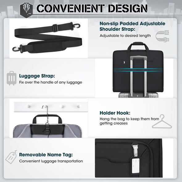 RAINSMORE Garment Bags for Travel Carry on Garment Bag for Hanging Clothes, Suit Bag for Business Trips with Shoes Bag & Shoulder Strap, Waterproof Foldable Suit Luggage Bag for Men Women, Black