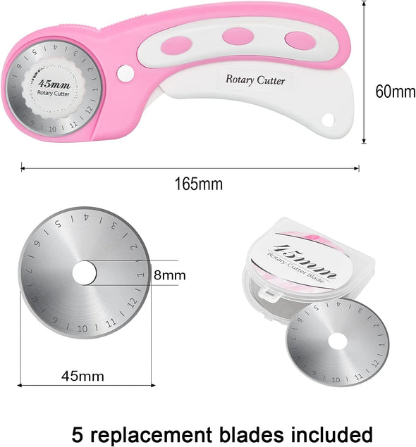 45Mm Rotary Cutter with 5Pcs Extra Blades, Ergonomic Handle Rolling Cutter with Safety Lock for Fabric, Leather, Crafting, Sewing, Quilting, Fabric Rotary Cutter Perfect for Left & Right Hand(Pink)