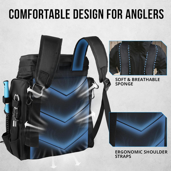 PLUSINNO Fishing Backpack with Rod Holder, 42L Water-Resistant Fishing Gear Tackle Box Backpack, Fishing Tackle Bag for Men