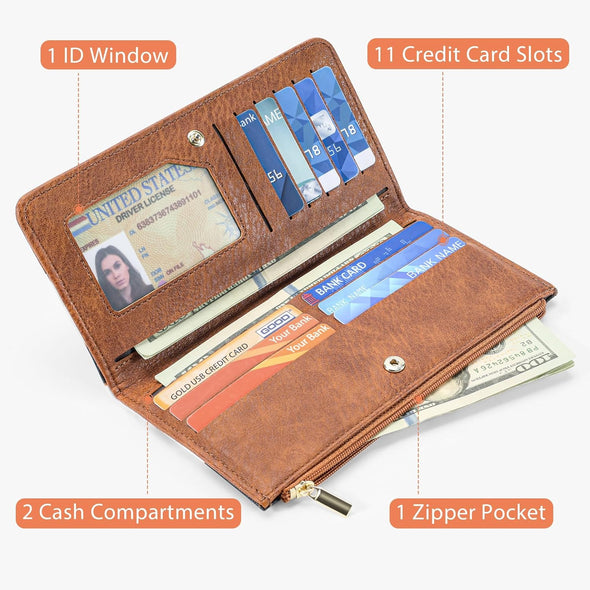 Cow Print Wallets for Women Bifold Credit Card Holder, Rfid Blocking, ID Window, Western Slim Wallet with Zipper Coin Pocket for Ladies, Cow Brown