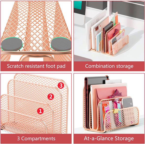 Gianotter Mail Organizer Countertop, Metal File Holder with 3-Slot, Rose Gold Desk Accessories & Workspace Organizers (Rose Gold)
