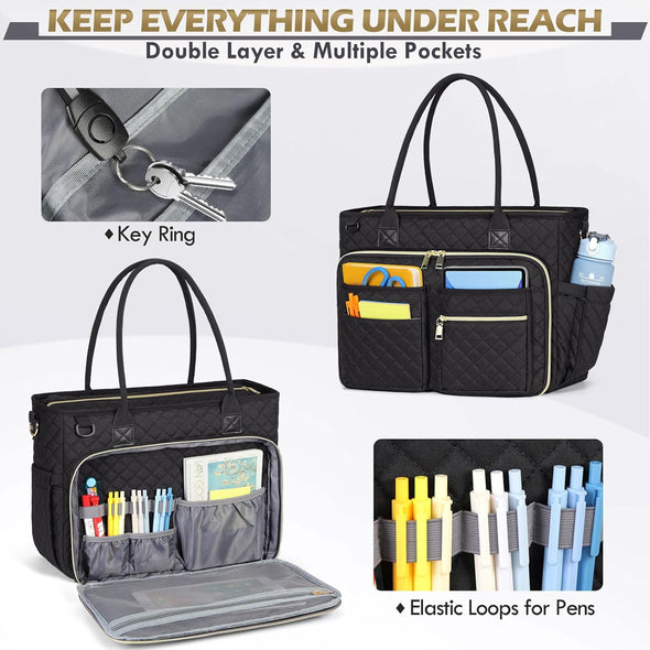 RAINSMORE Teacher Tote Bag 15.6 Inch Laptop Bag for Women Work Bags Laptop Tote Nurse Bag Professional Computer Messenger with Insulated Pocket, Laptop Briefcase for Office, College, Nursing, Black