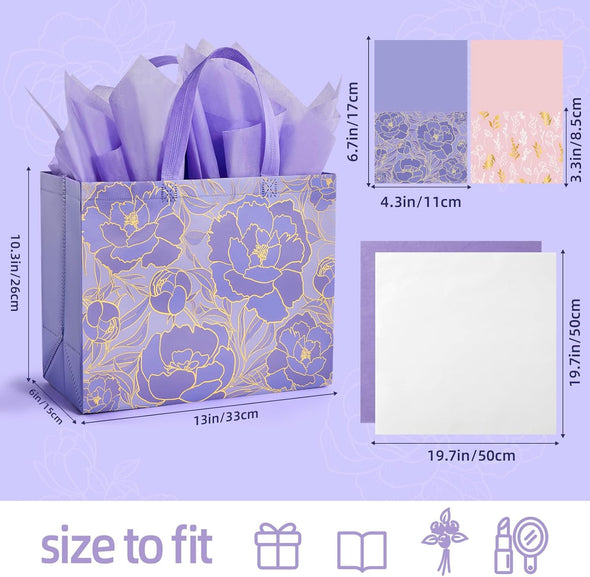 YANGTE 2 Pack 13" Large Beautiful Gift Bags Set with Greeting Card and Tissue Paper, Reusable Non-Woven Gift Wrap Bags with Handle for Presents of Any Birthday, Weddings, Mothers Day & Special Moments