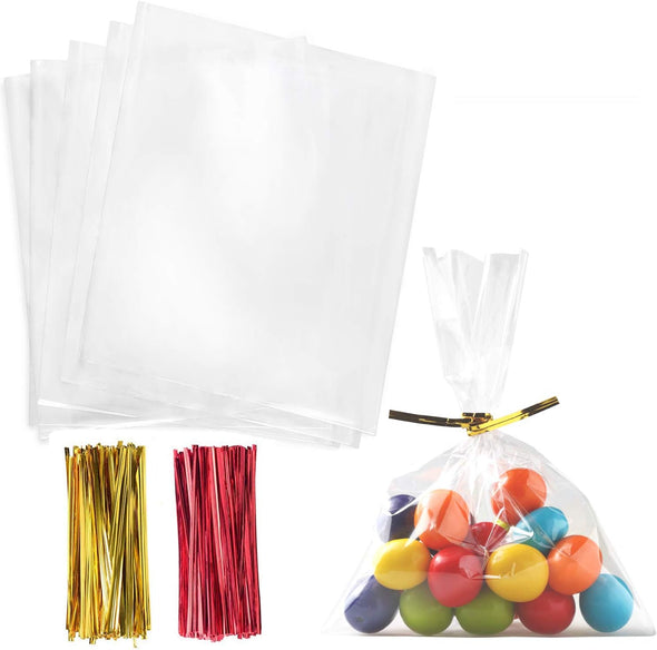 Cello Cellophane Treat Bags,5X7 Inches Clear Cellophane Bags 200 Pcs OPP Plastic Treat Bags with 200 Twist Ties for Gift Wrapping,Packaging Candies,Dessert,Bakery, Cookies, Chocolate,Party Favor