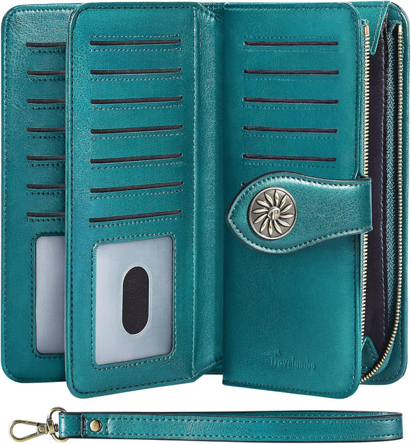 Travelambo Women'S Wallet RFID Blocking Credit Card Holder Large Capacity Wristlet Leather Wallets Purse
