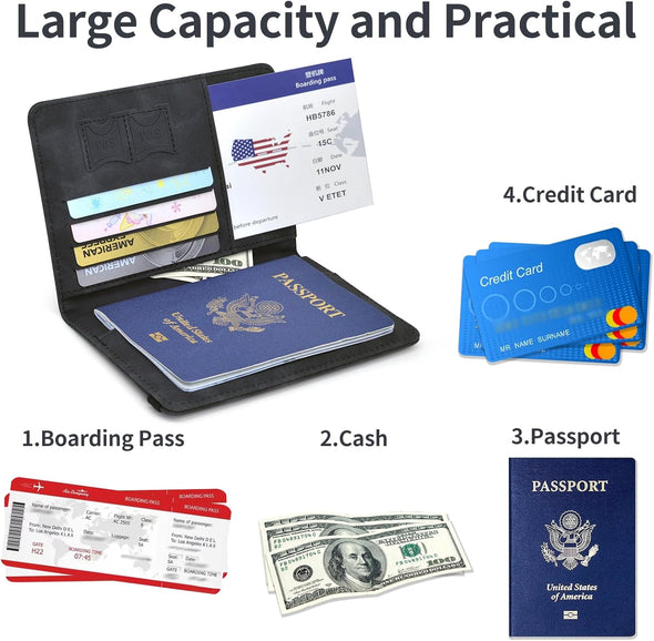 Passport Holder, Passport Cover with Credit Card Slot and Boarding Pass Slot Combo, Passport Wallet Case Book Travel Must Have, RFID Blocking Leather Travel Accessories, Black