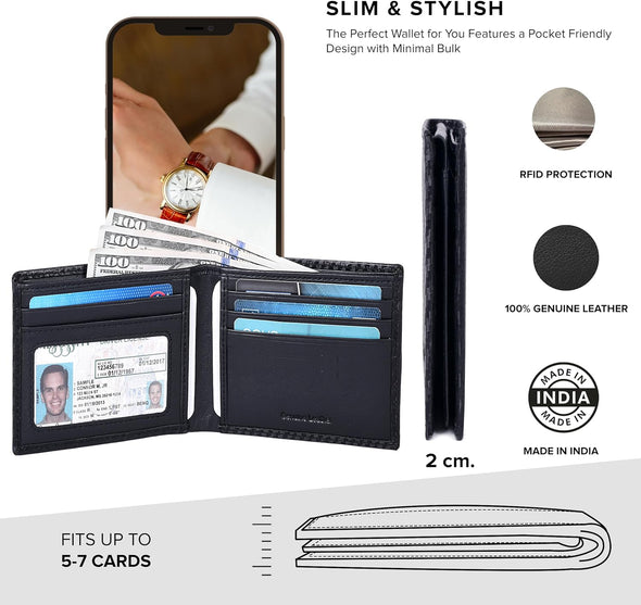 Slim Leather Wallet for Men - RFID Blocking Slim Minimalist Front Pocket - Thin & Stylish with ID Window, Gift for Men