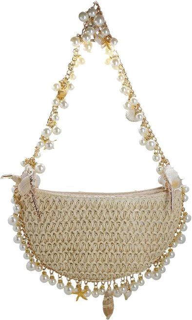 Women Pearl Straw Clutch Purse Woven Summer Beach Evening Bag Wedding Party Straw Shoulder Handbag