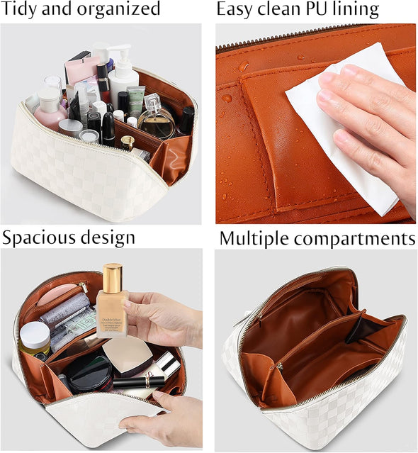 Large Capacity Travel Cosmetic Bag - Portable Makeup Bags for Women Waterproof PU Leather Checkered Makeup Organizer Bag with Dividers and Handle,Toiletry Bag for Cosmetics