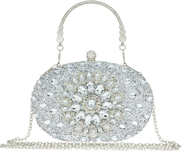 Rhinestone Clutch Purses for Women Evening Wedding Formal - round Pearl Clasp Handbag - Crystal Diamond Bag