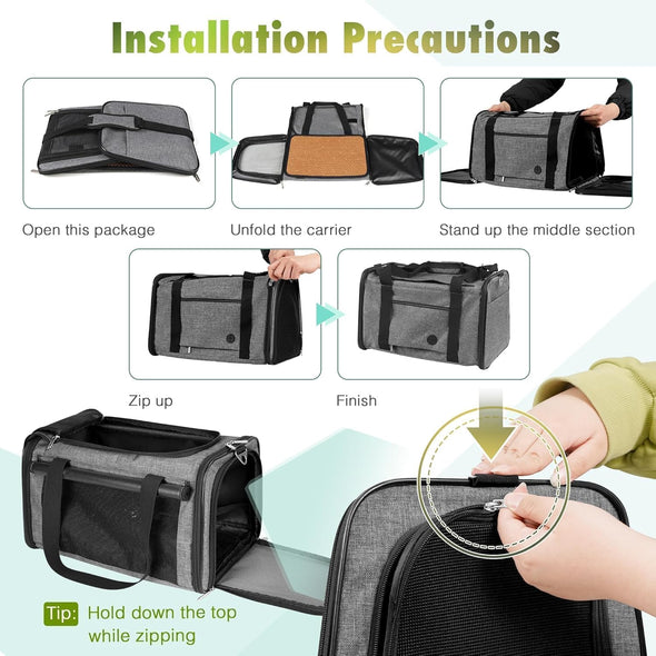 YUDODO 25 Lbs Lightproof Soft Sided Pet Carrier for Large Cat & Small Dog Airline Approved Travel Puppy Carrier with Side Pockets & Reflective Mesh, Foldable Portable for Outdoor Car Grey Green