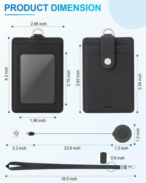 PU Leather Badge Holder with Lanyard, Black Lanyard with Retractable Reel Clips, Multiple Card Slots with Leather Snap, ID Badge Holder for Office Staff Doctor Teacher