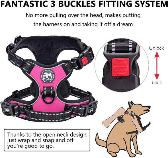 Poypet No Pull Dog Harness, No Choke Front Lead Dog Reflective Harness, Adjustable Soft Padded Pet Vest with Easy Control Handle for Small to Large Dogs(Pink, Medium)