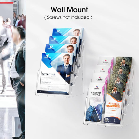 Maxgear Acrylic Brochure Holder 8.5 X 11 Inch, 4 Tier Clear Literature Organizer Magazine Stand Display with Removable Divider for 4 X 9 Inch Brochures, Pamphlet, Wall Mount or Countertop, 1 Pack