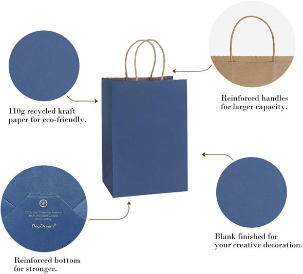 Bagdream Small Gift Bags 25Pcs 5.25X3X8 Navy Blue Paper Bags with Handles, Kraft Paper Sacks for Small Gifts, Birthday, Wedding Party Favor, Retail, Merchandise