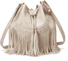 Leather Bucket Bags for Women Crossbody Fringe Purses with Drawstring Ladies Tassel Hobo and Shoulder Handbags