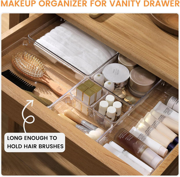 6 Pack Large Clear Plastic Drawer Organizer Trays, Acrylic Kitchen Drawer Organization and Storage Dividers, Non-Slip Storage Bins for Makeup, Kitchen Utensils, Bathroom, Jewelries and Office Desk