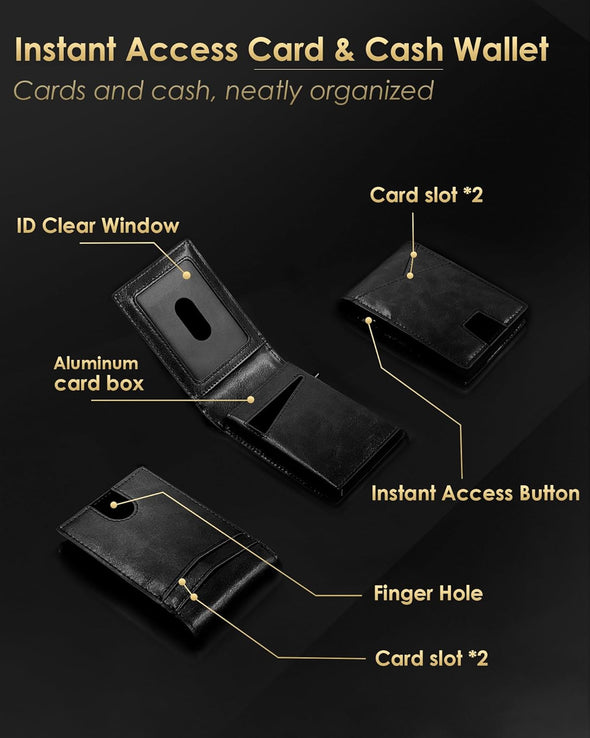 Wallet for Men - RFID Blocking [Functional & Practical] Bifold Slim Minimalist Credit Card Holder Pop up Metal Case with Cash Slot, Front Pocket with ID Window, Gift Boxed (BLACK)
