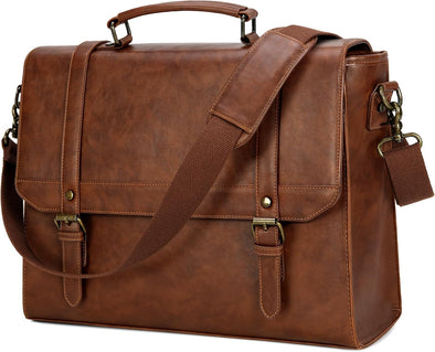 IGOLUMON Messenger Bag for Men 15.6 Inch Vintage Leather Waterproof Laptop Briefcase Large Computer Laptop Bag Leather Satchel Bag Retro Shoulder Bag for Office Business Travel College, Brown