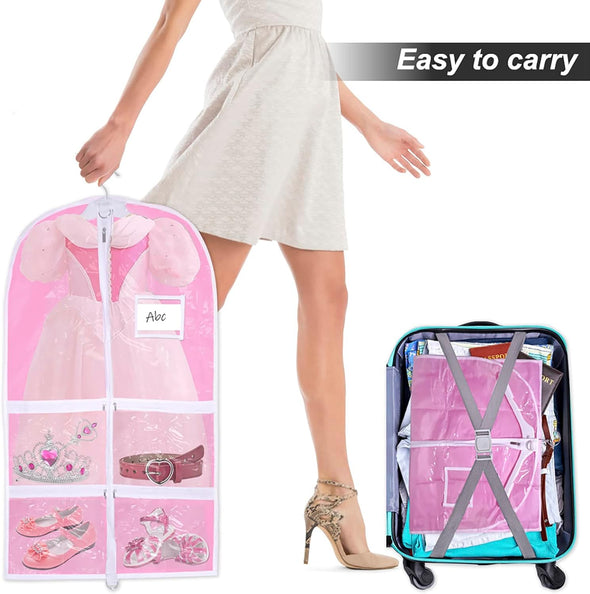 Pink Kids Dance Garment Bag for Hanging Clothes,37 Inch Waterproof PVC Travel Garment Bag with 3 Pockets for Dance Costumes,Sports,Skating,Theatre,Beauty Pageants & More