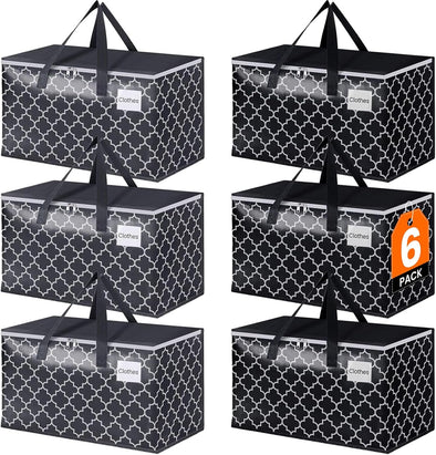 Extra Large Moving Bags, Heavy-Duty Storage Totes with Zipper Top and Sturdy Handles, Moving Supplies for Space Saving and Packing, Collapsible Storage Bags, Black & Gray, 88L, 6-Pack