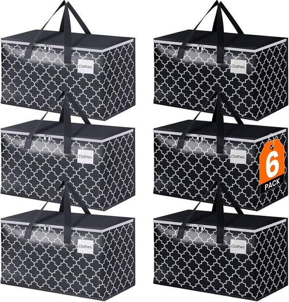 Extra Large Moving Bags, Heavy-Duty Storage Totes with Zipper Top and Sturdy Handles, Moving Supplies for Space Saving and Packing, Collapsible Storage Bags, Black & Gray, 88L, 6-Pack