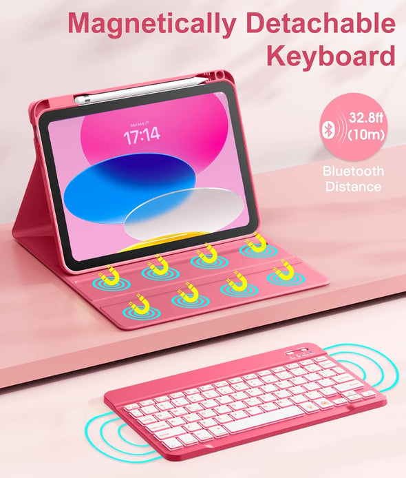 Hamile for Ipad 11Th 10Th Generation Case with Keyboard - 7 Colors Backlit Wireless Detachable Folio Keyboard Cover with Pencil Holder for Ipad 11-Inch A16 2025 10Th Gen 10.9 Inch 2022 (Pink)