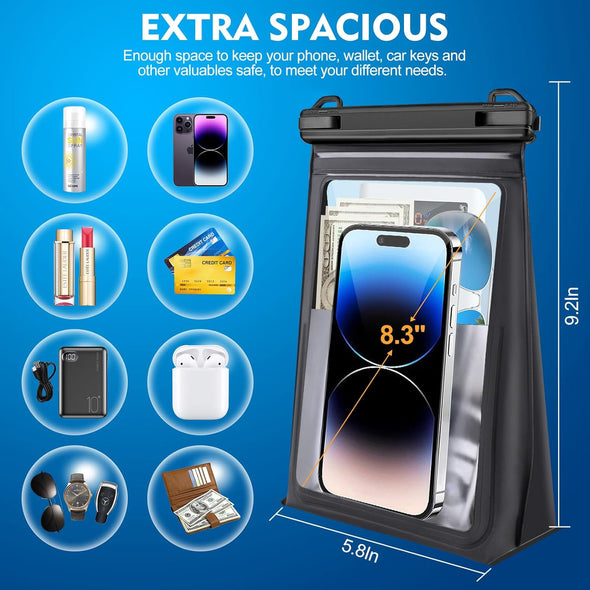 Large Floating Waterproof Phone Pouch [With Sealing Strip], Cell Phone Dry Bag for Iphone 16 15 14 13 12 Pro Max Galaxy Google All Devices, Float Waterproof Bag for Beach Vacation Black
