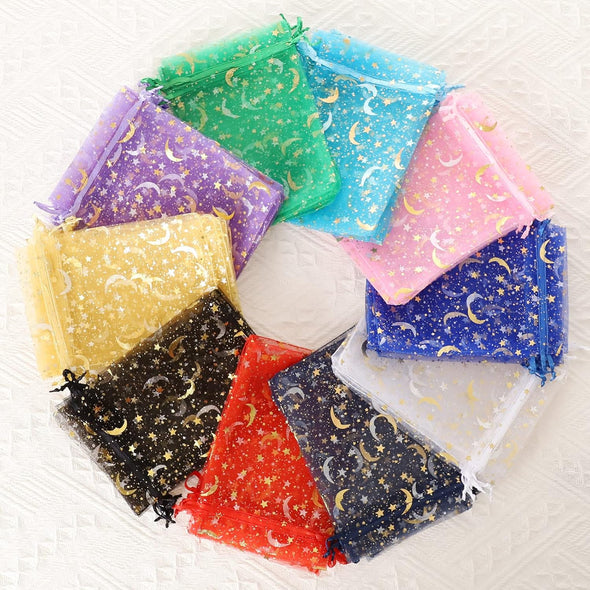 100PCS Moon Star Organza Bags, 4X6" Wedding Favors Bags with Drawstring, Mixed Color Little Mesh Candy Gift Pouches for Party, Jewelry, Christmas, Festival, Eid Mubarak Party Favor Bags