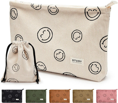 WLLWOO Makeup Bag-2Pcs Smile Face Corduroy Cosmetic Bag Zipper Interior Waterproof Pencil Case Coin Purse Travel Toiletry Small Makeup Pouch for Women