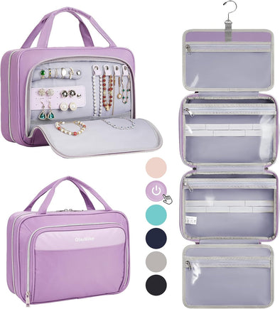 Olarhike Toiletry Bag,Large Size Waterproof Leather Hanging Bags, Makeup Jewelry 3 in 1 Essentials Travel Packing Organizers, Fulled-Sized Family Pack, Shampoo, Conditioner, Brushes Set (Purple)