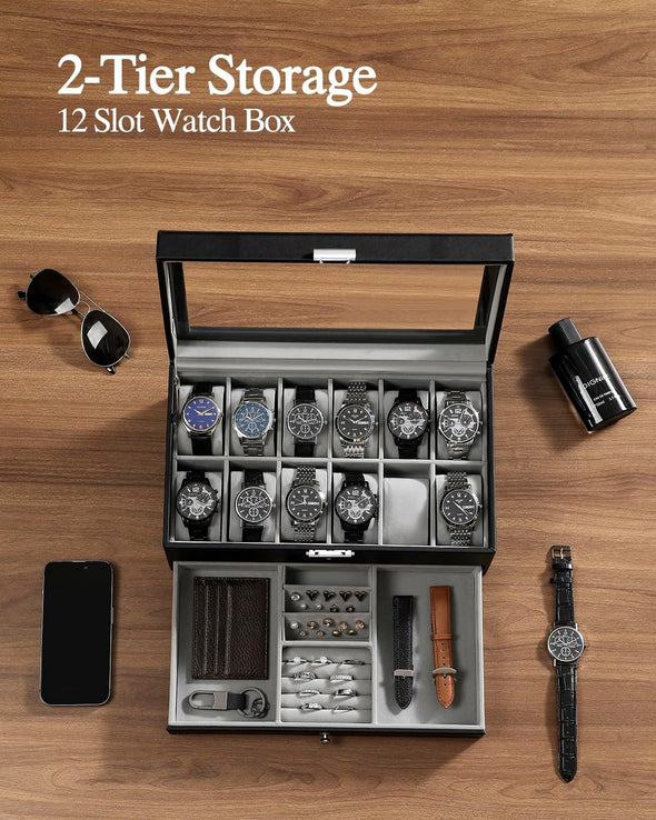 GUKA Watch Box 12 Slot Watch Display Organizer Leather Jewelry Case Drawer Glass Birthday for Men Women, Child Husband Dad