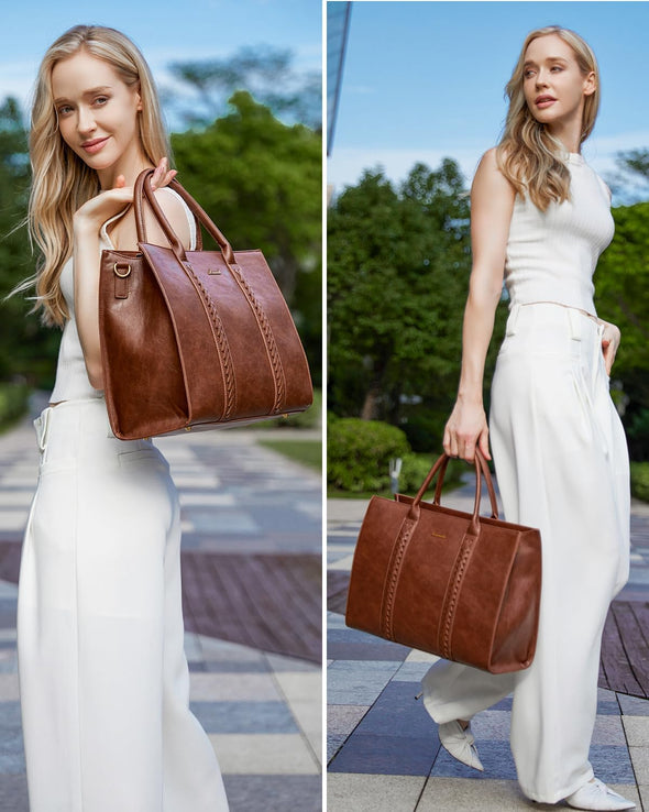 LOVEVOOK Laptop Tote Bag for Women, Vintage Leather Work Bag with Cup Holder, Waterproof Computer Purse, Professional Briefcase Office Shoulder Handbag, 15.6 Inch, Brown