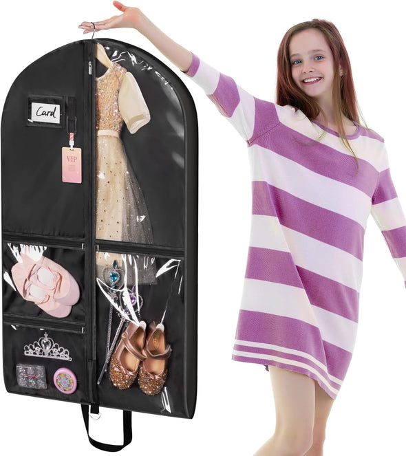 Univivi Dance Costume Garment Bag, 40" Waterproof Hanging Bag for Travel, Kids Clothes Bag with 5 Clear Pockets and Handles for Costumes and Sports, Black