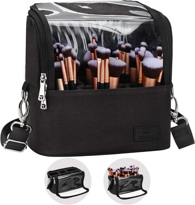 Makeup Brush Case Stand-Up Makeup Cup Travel Professional Cosmetic Bag Artist Storage Bag Large Makeup Brush Bag with Adjustable Divider (Large, Black)