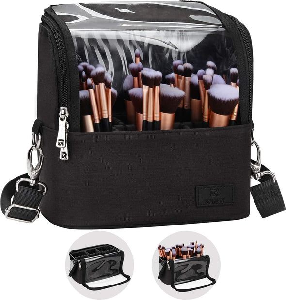 Makeup Brush Case Stand-Up Makeup Cup Travel Professional Cosmetic Bag Artist Storage Bag Large Makeup Brush Bag with Adjustable Divider (Large, Black)
