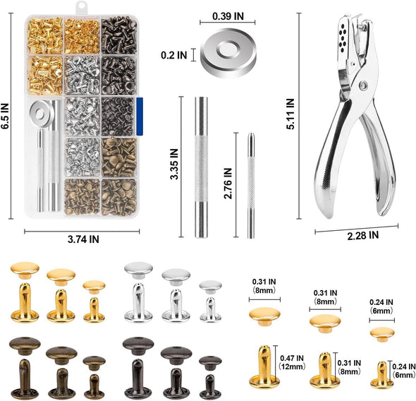 480 Sets Rivets for Leather, Leather Rivet Kit, 4 Colors 3 Sizes Leather Rivets and Snaps for Leather Crafts, Clothes, Shoes, Leather Boots, Bags, Decoration (Gold, Silver, Bronze and Gunmetal)