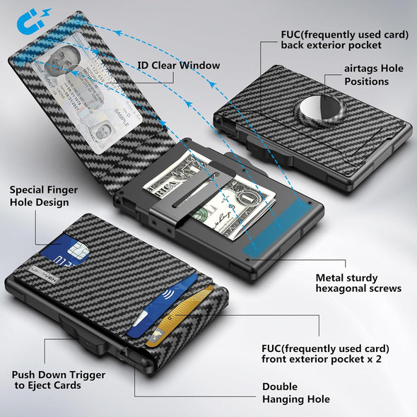Umoven Airtag Wallet for Men - with Pop up Aluminum Case Money Clip Slim Leather Slots Credit Card Holder RFID Blocking Bifold Minimalist Wallet with Gift Box