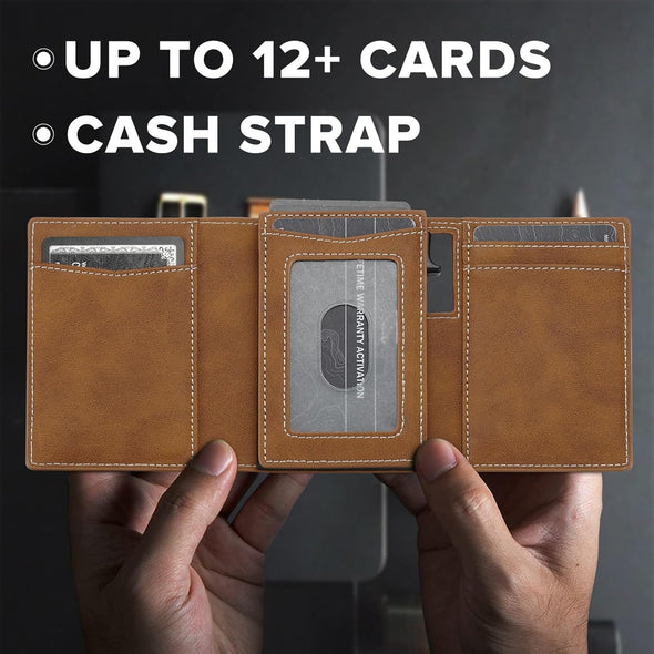 Leather Wallet for Men Slim Minimalist: Smart Pop up Wallet with Cash Strap - RFID Front Pocket Trifold Credit Card Holder - Gift for Man Husband at Anniversay Brithday