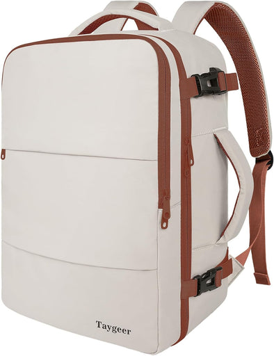 Taygeer Backpack for Women, College Backpack with Laptop Compartment & Shoe Pouch, 35L Travel Laptop Mochila Carry on Luggage, Airline Approved Personal Item Bag for Weekender Gym Hiking, Khaki White