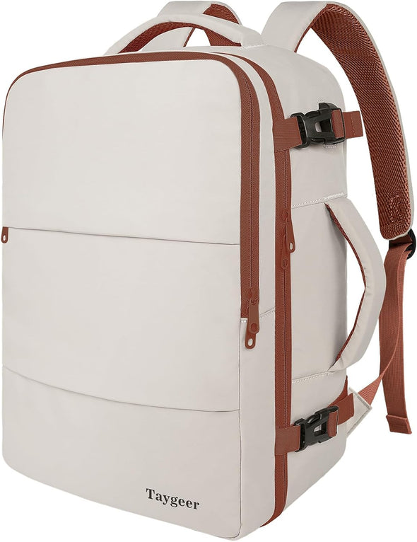 Taygeer Backpack for Women, College Backpack with Laptop Compartment & Shoe Pouch, 35L Travel Laptop Mochila Carry on Luggage, Airline Approved Personal Item Bag for Weekender Gym Hiking, Khaki White
