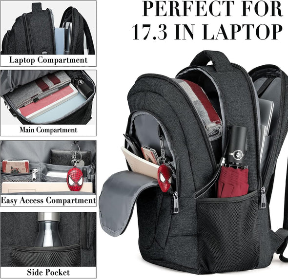 BIKROD Travel Laptop Backpack, 17 Inch Extra Large School Backpacks for Teen Boys and Girls, Black Water Resistant Women Back Pack, Business Men Sturdy Computer Bag with USB Charging Port, Gifts