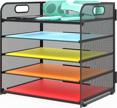 Letter Tray Paper Organizer 5-Tier Desk Organizer File Organizer Paper Holder with Handle, Metal Desktop Document Shelf Tray Office Classroom Organization - Black