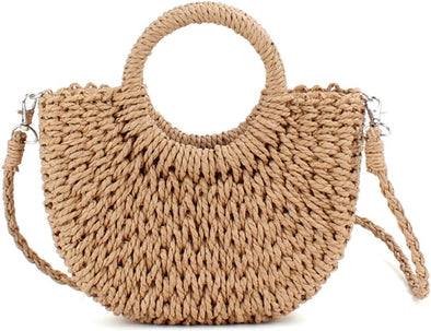Mini Semi-Circle Rattan Straw Bag, Hand-Woven Women Summer Retro Beach Tote Shoulder Bag Crossbody Travel Beach Bag