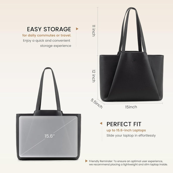 LOVEVOOK Laptop Tote for Women - 15.6 Inch Leather Laptop Bag with Clutch, Large Capacity Office Purse Computer Briefcase for Casual Business Travel, Black